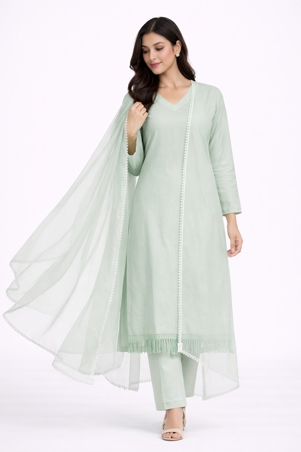Mist Green Katan Silk Kurti Set with Pant & Net Dupatta