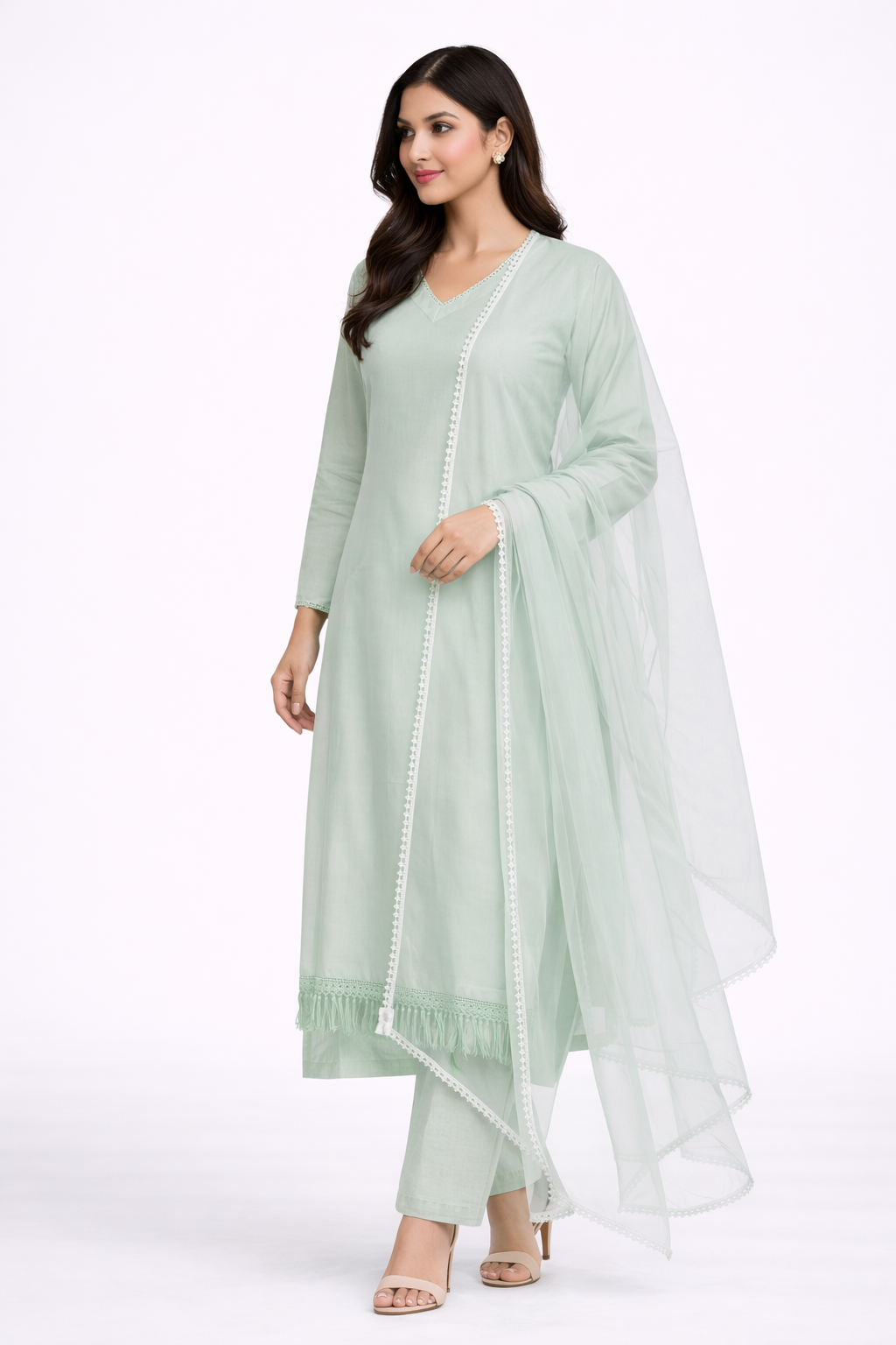 Mist Green Katan Silk Kurti Set with Pant & Net Dupatta