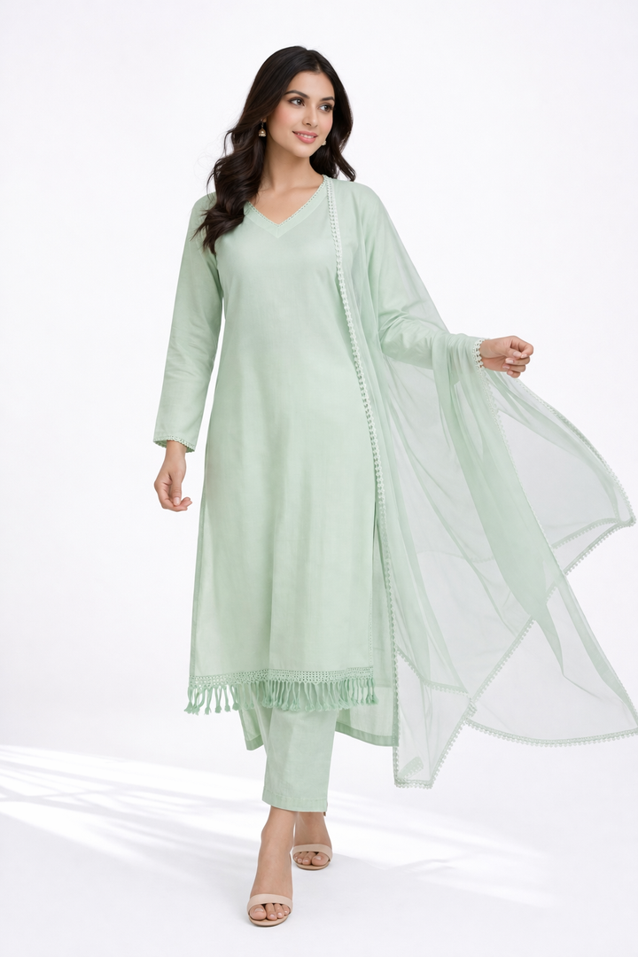 Mist Green Katan Silk Kurti Set with Pant & Net Dupatta