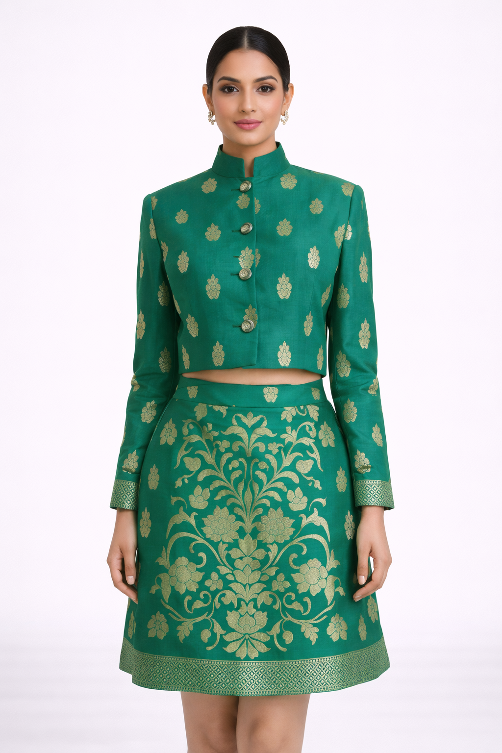 Forest Green Brocade Co-ord Set with Short Jacket