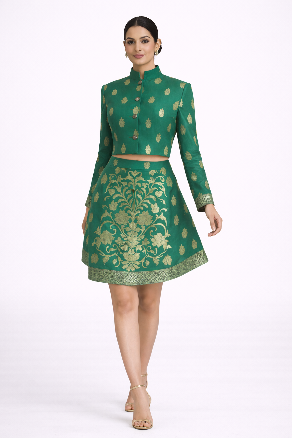 Forest Green Brocade Co-ord Set with Short Jacket