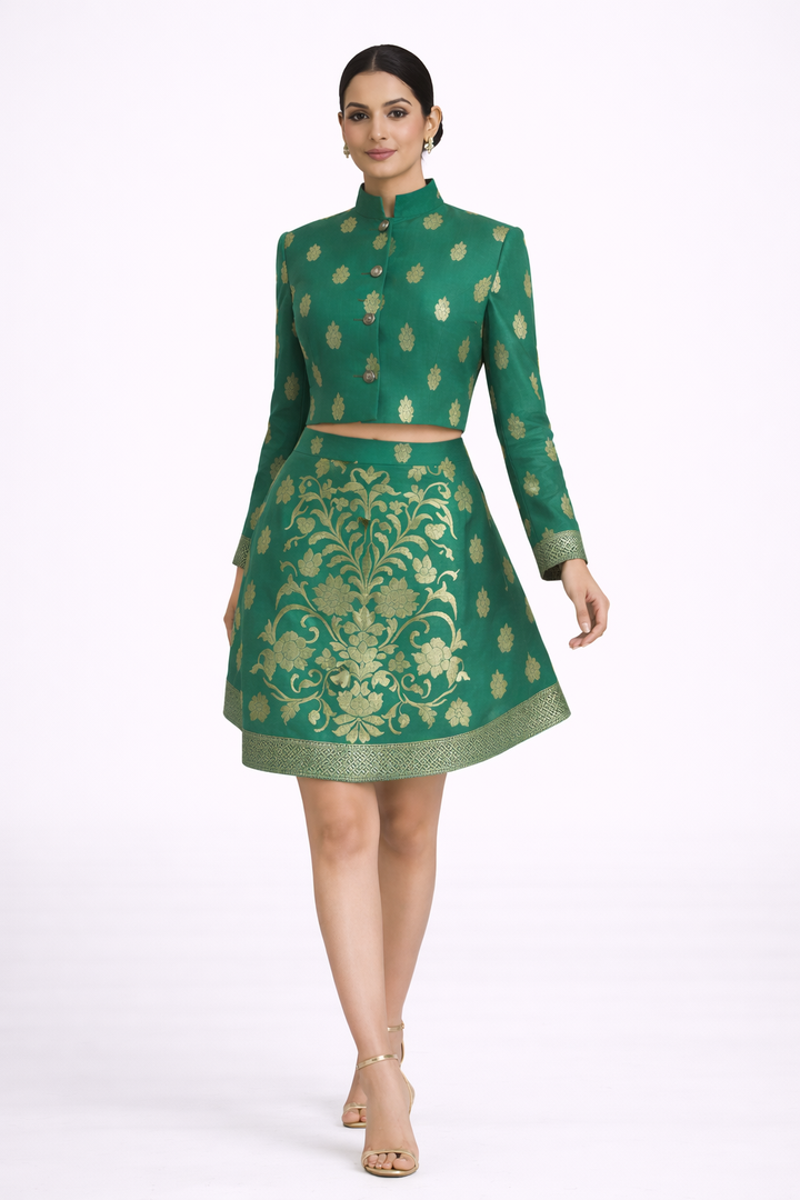 Forest Green Brocade Co-ord Set with Short Jacket
