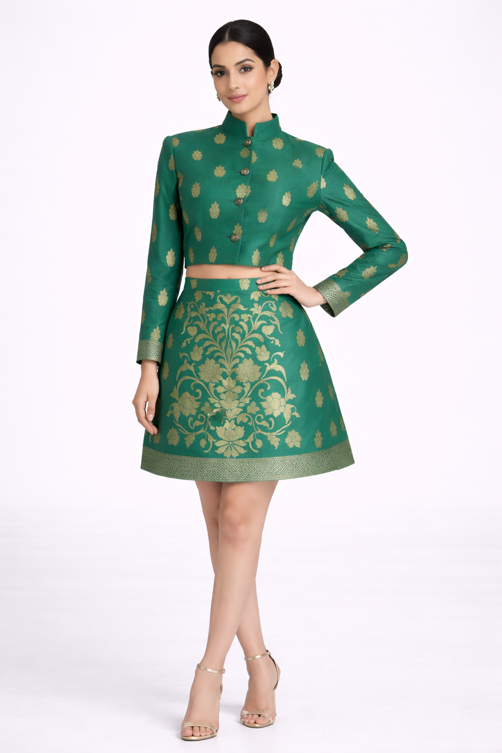 Forest Green Brocade Co-ord Set with Short Jacket