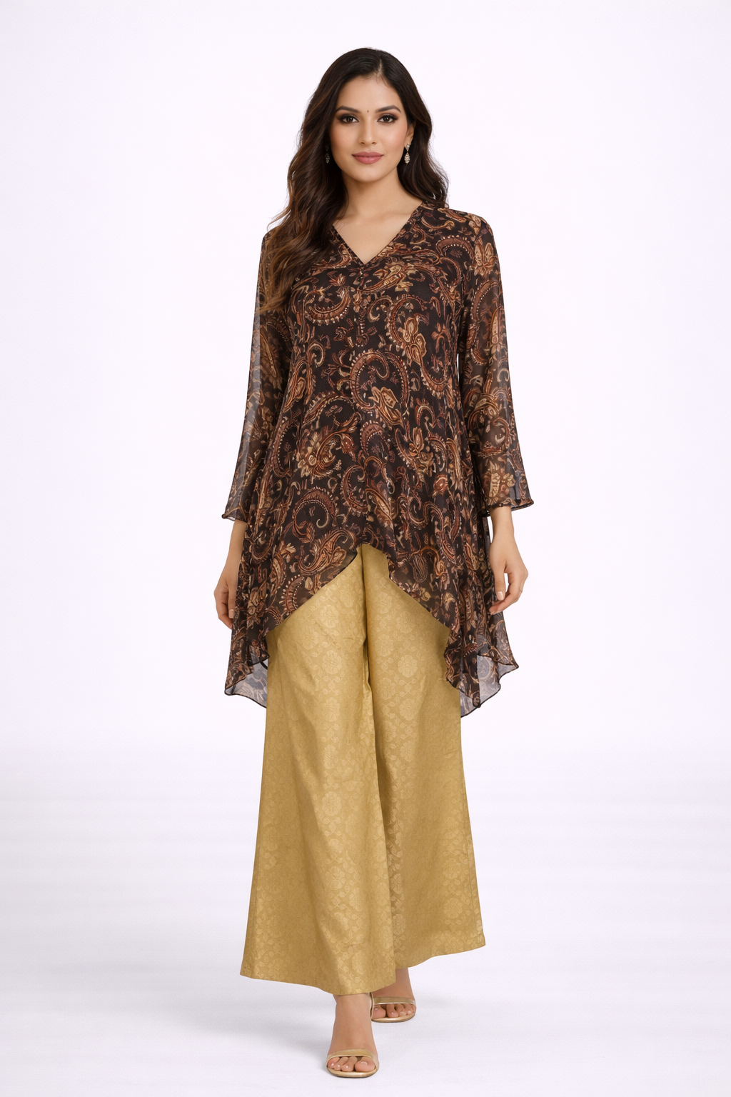 Black Printed Kaftan Co-ord Set with Golden Brocade Bell Bottom
