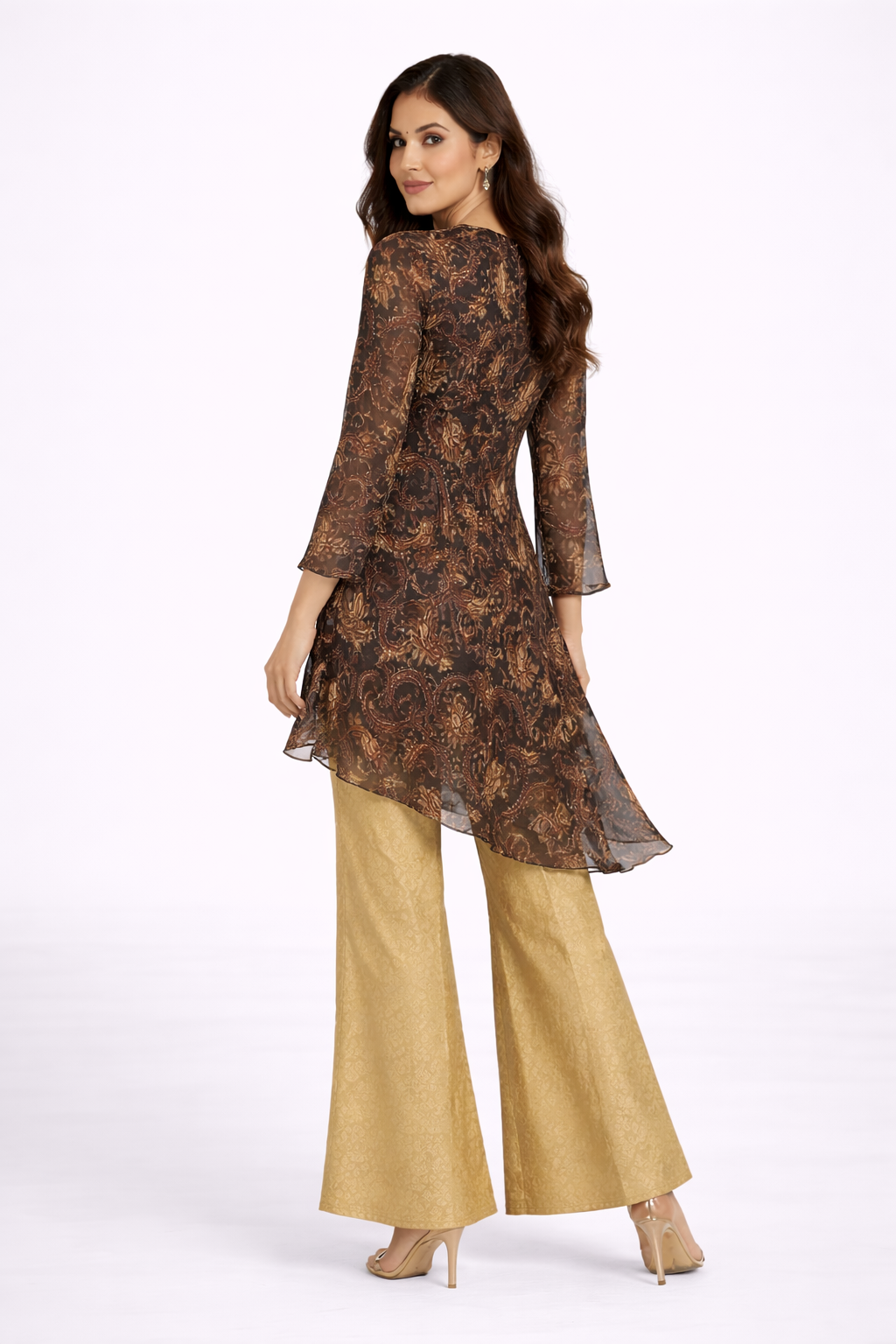 Black Printed Kaftan Co-ord Set with Golden Brocade Bell Bottom