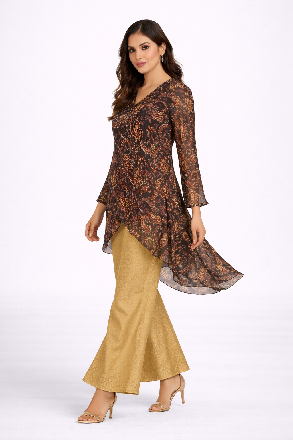 Black Printed Kaftan Co-ord Set with Golden Brocade Bell Bottom