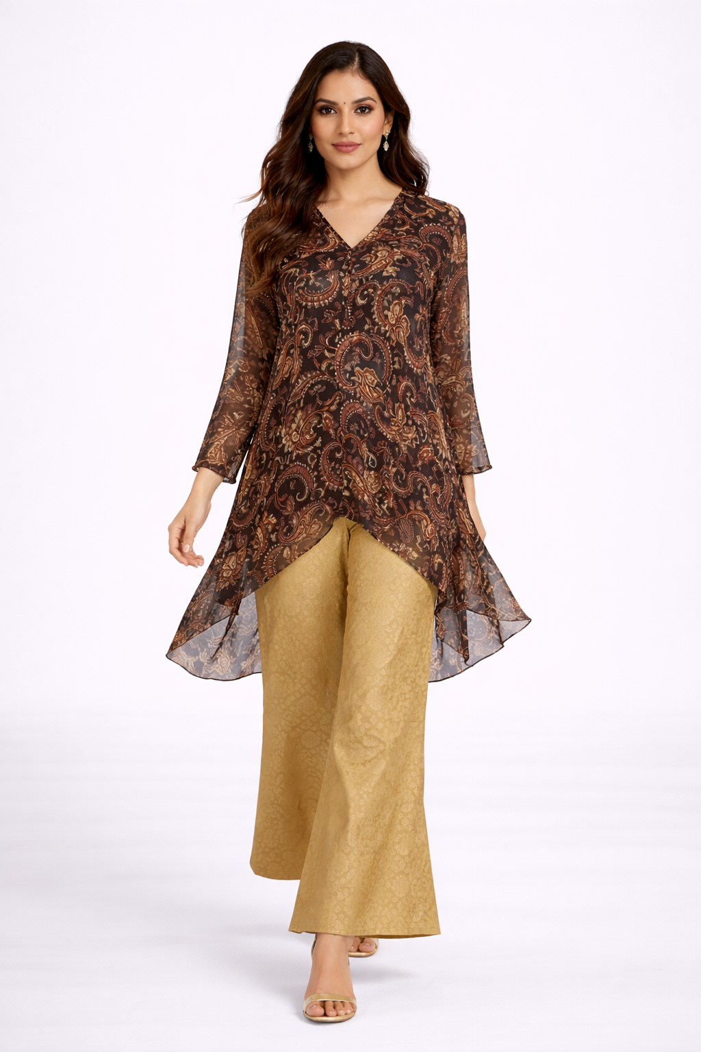 Black Printed Kaftan Co-ord Set with Golden Brocade Bell Bottom