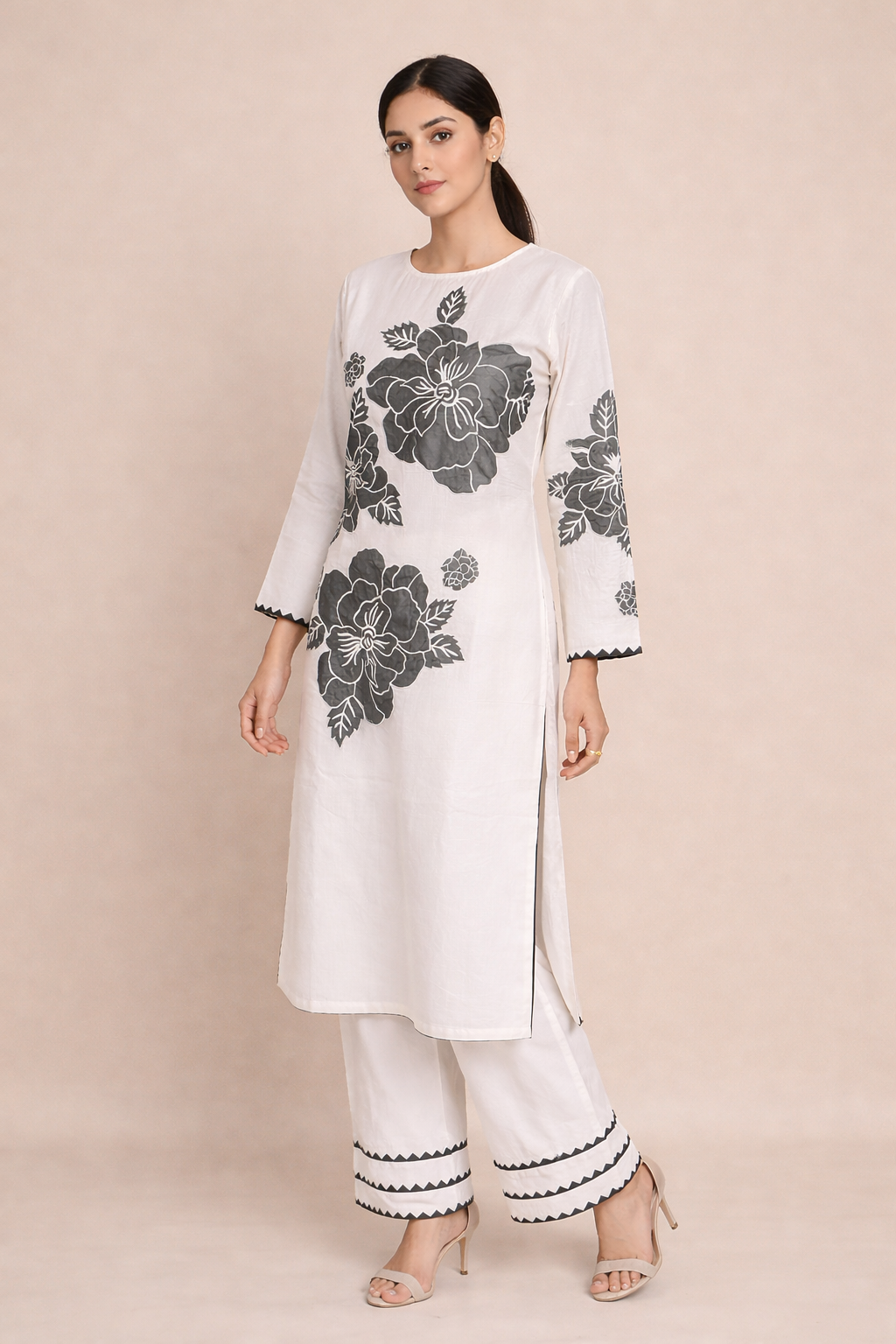White Dola Silk Kurti Set with Palazzo
