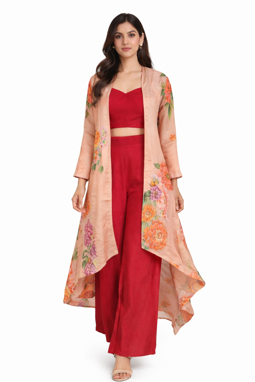 Red Tissue Jacket Set with Printed Bustier & Bamber Satin Palazzo