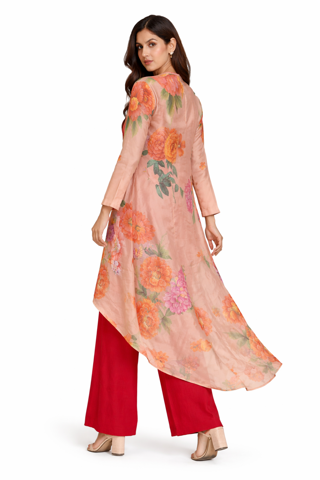 Red Tissue Jacket Set with Printed Bustier & Bamber Satin Palazzo