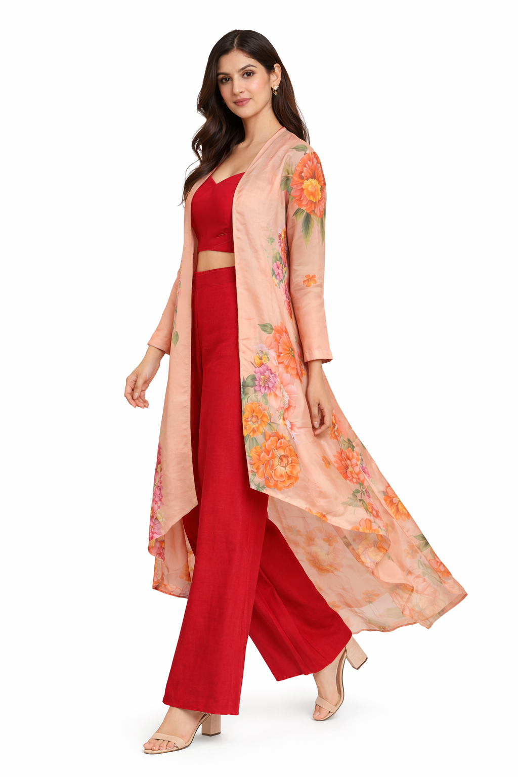 Red Tissue Jacket Set with Printed Bustier & Bamber Satin Palazzo