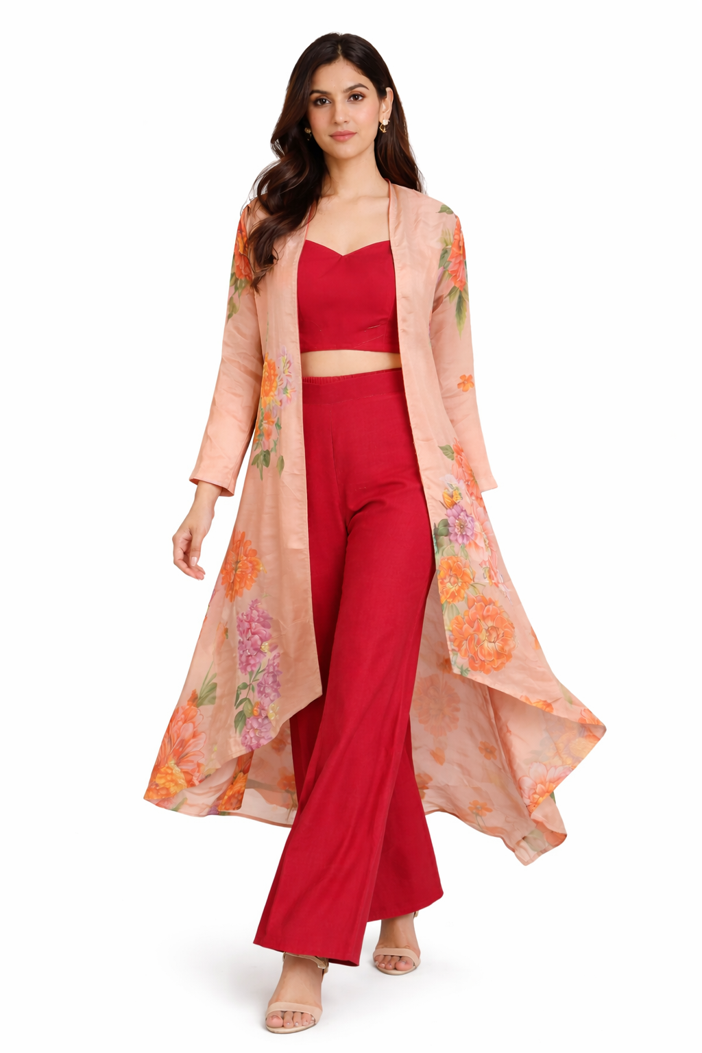 Red Tissue Jacket Set with Printed Bustier & Bamber Satin Palazzo