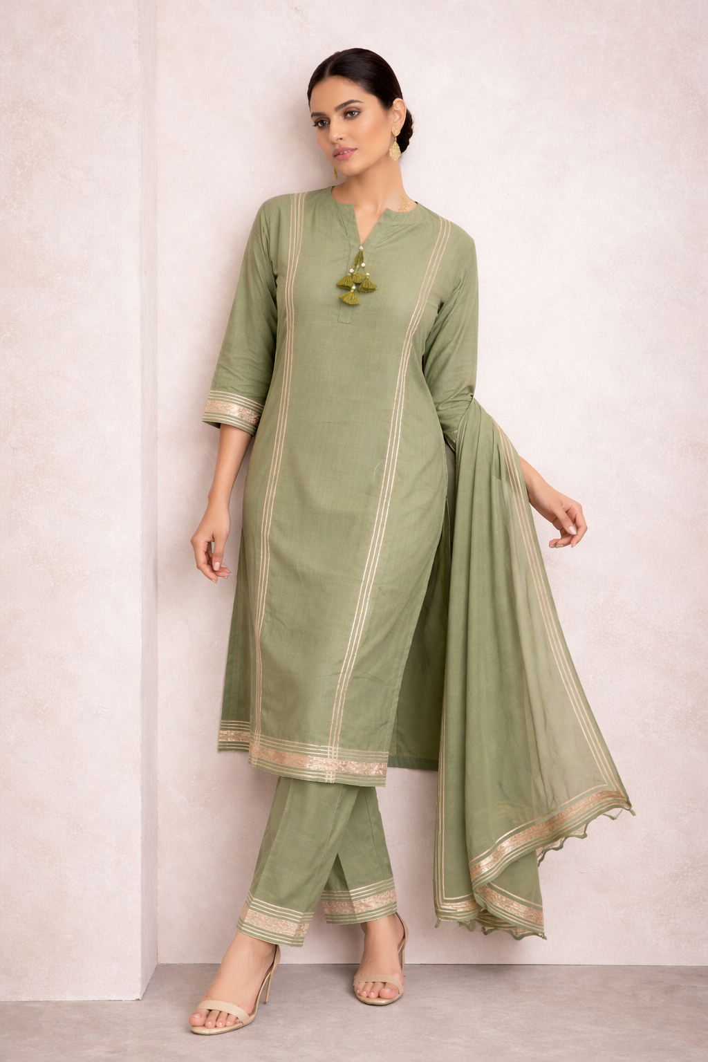 Olive Green Katan Silk Kurti Set with Pant & Organza Dupatta