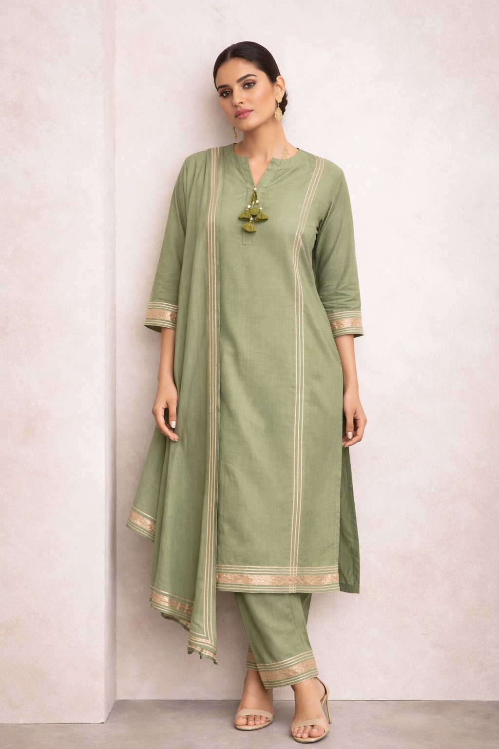Olive Green Katan Silk Kurti Set with Pant & Organza Dupatta