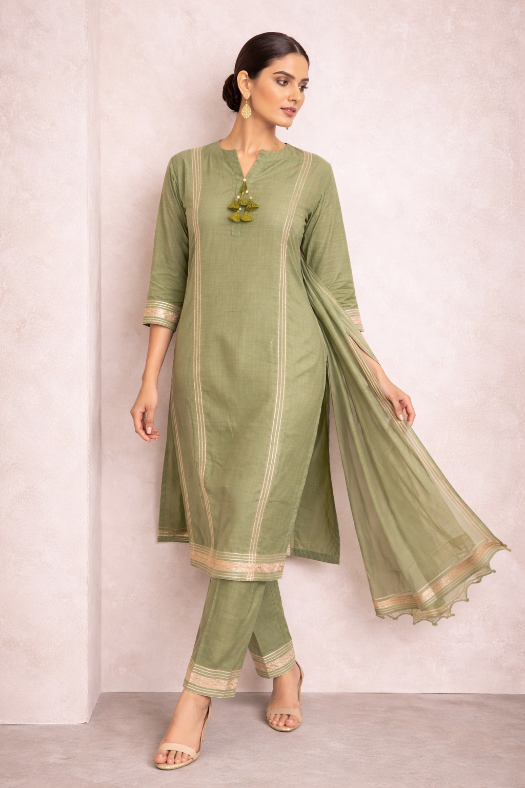 Olive Green Katan Silk Kurti Set with Pant & Organza Dupatta