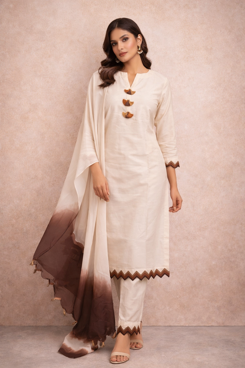 Off White Katan Silk Kurti Set with Straight Pant