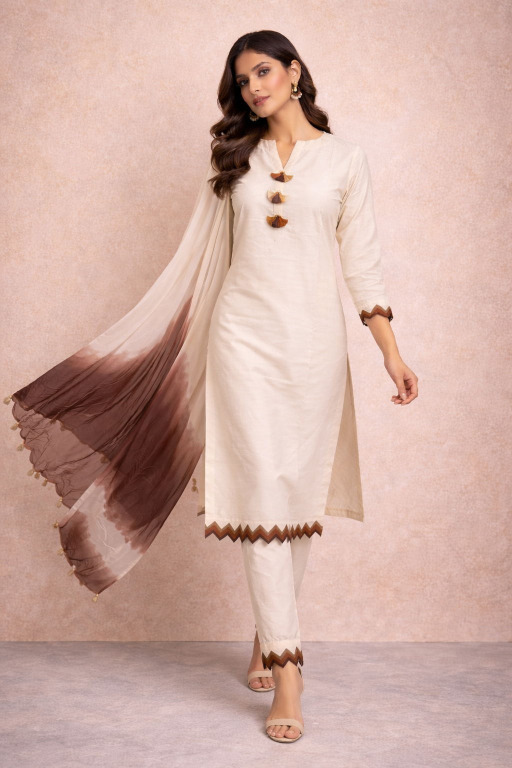 Off White Katan Silk Kurti Set with Straight Pant