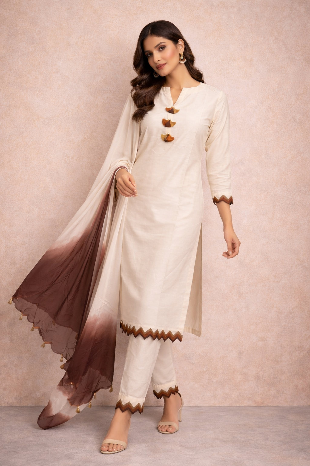 Off White Katan Silk Kurti Set with Straight Pant