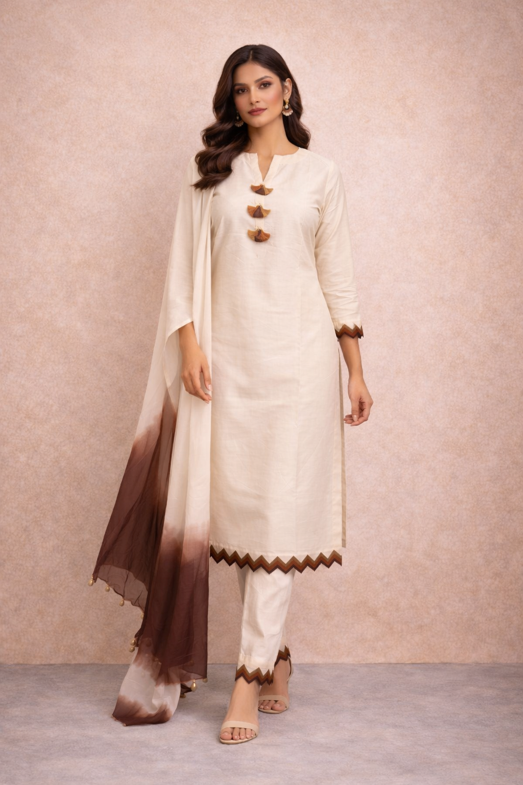 Off White Katan Silk Kurti Set with Straight Pant