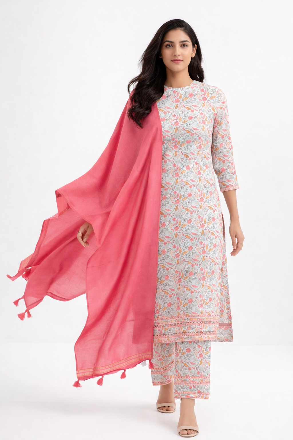 Floral Printed Linen Kurti Set with Pant & Blush Pink Chanderi Dupatta