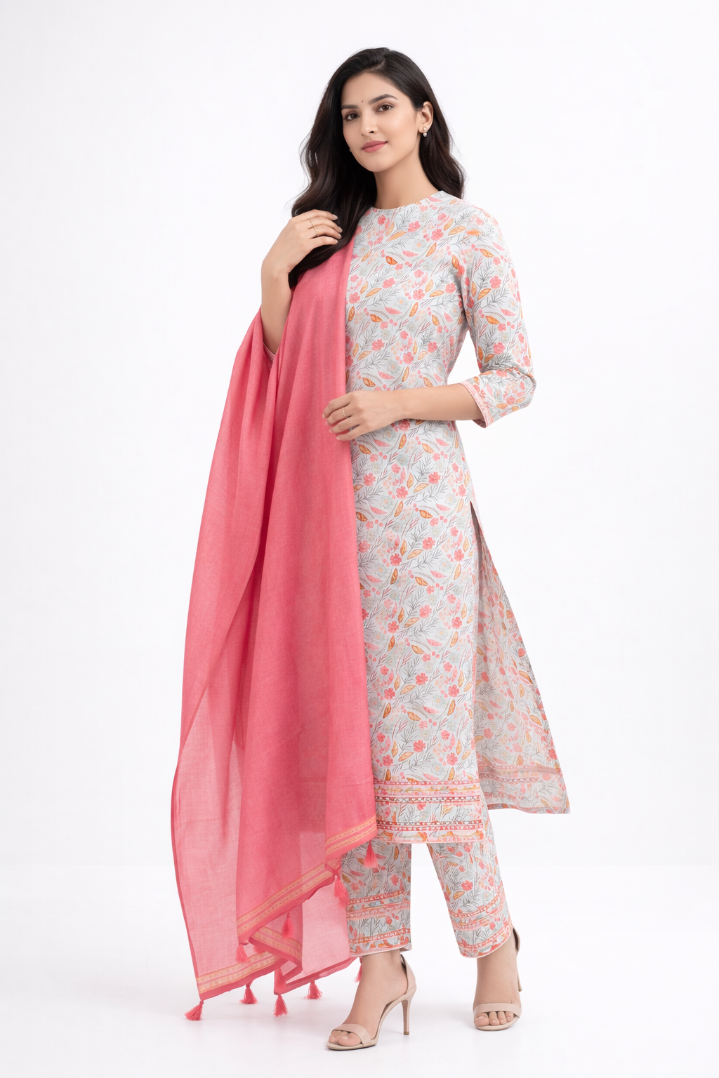 Floral Printed Linen Kurti Set with Pant & Blush Pink Chanderi Dupatta