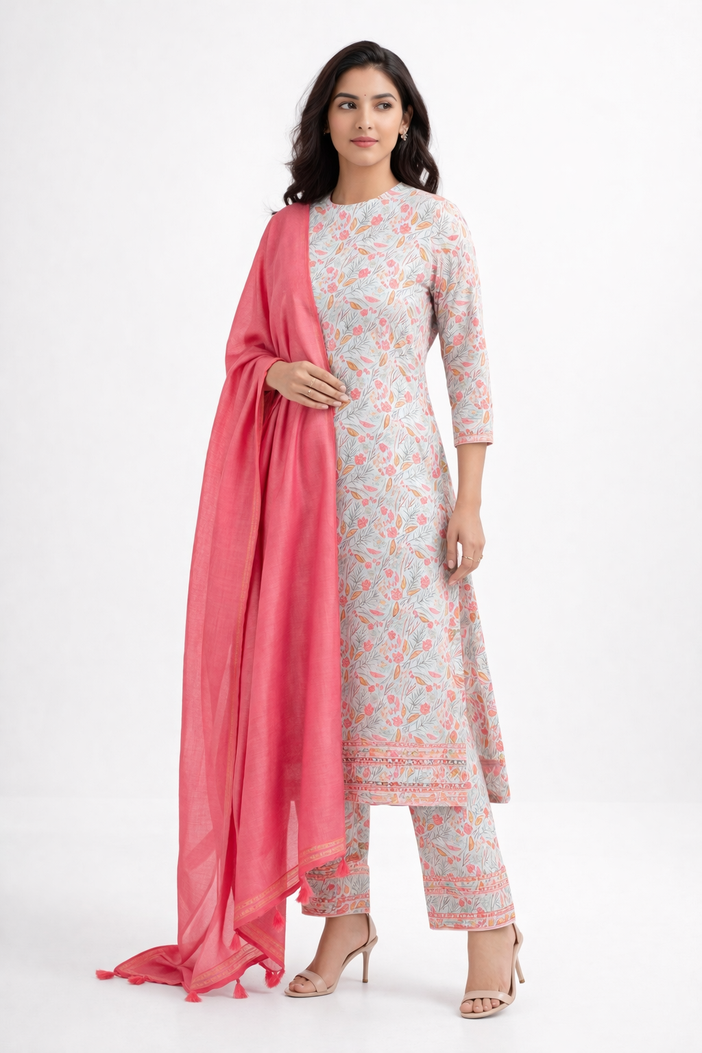Floral Printed Linen Kurti Set with Pant & Blush Pink Chanderi Dupatta