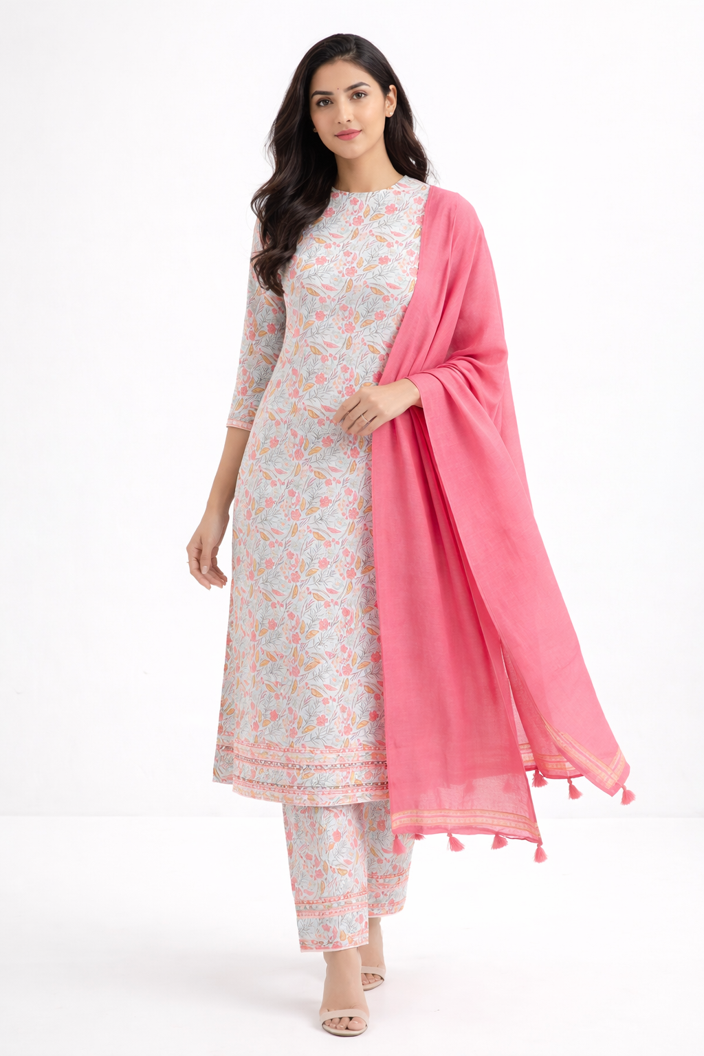 Floral Printed Linen Kurti Set with Pant & Blush Pink Chanderi Dupatta