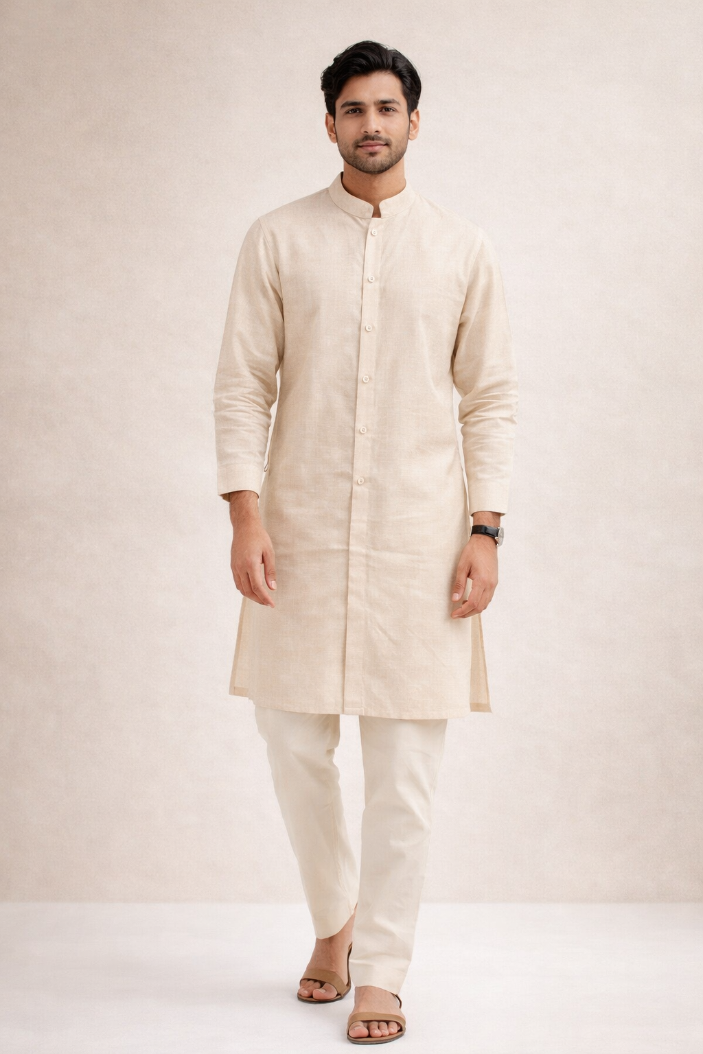 Men’s Beige Cotton Jacquard Kurta Set with Off White Katan Silk Pant