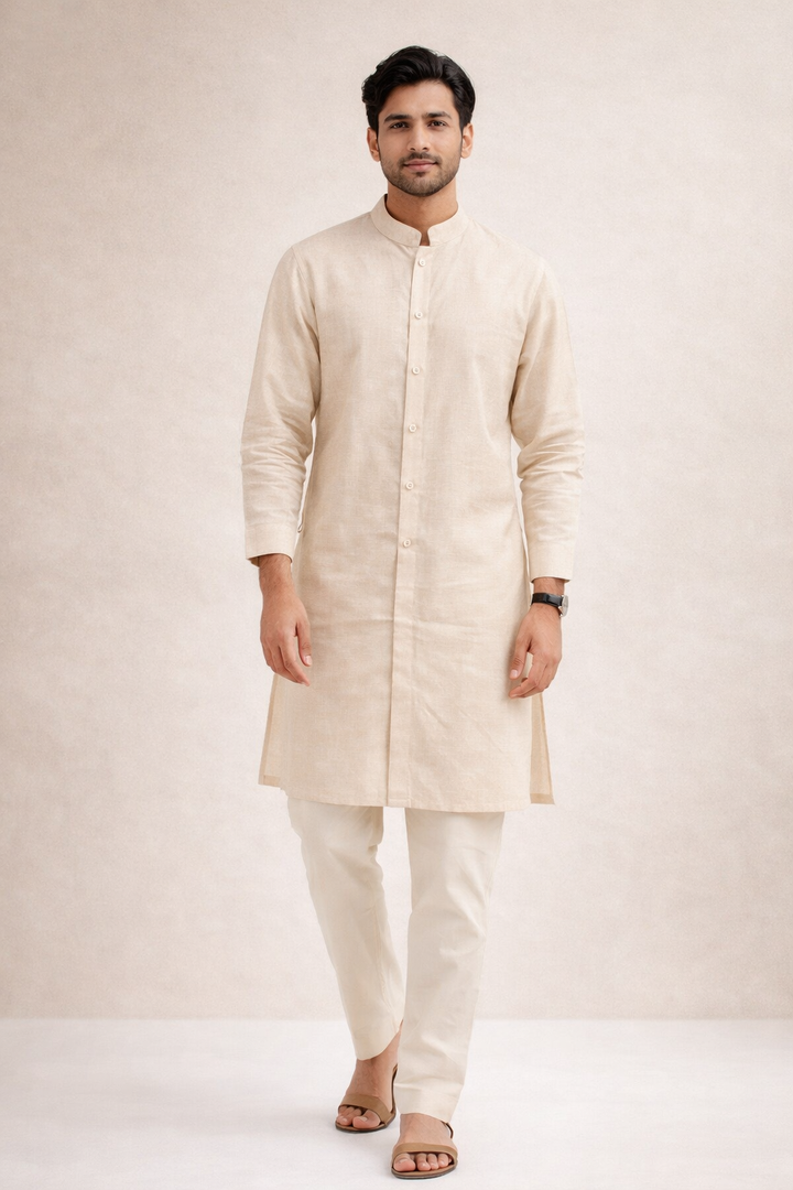 Men’s Beige Cotton Jacquard Kurta Set with Off White Katan Silk Pant