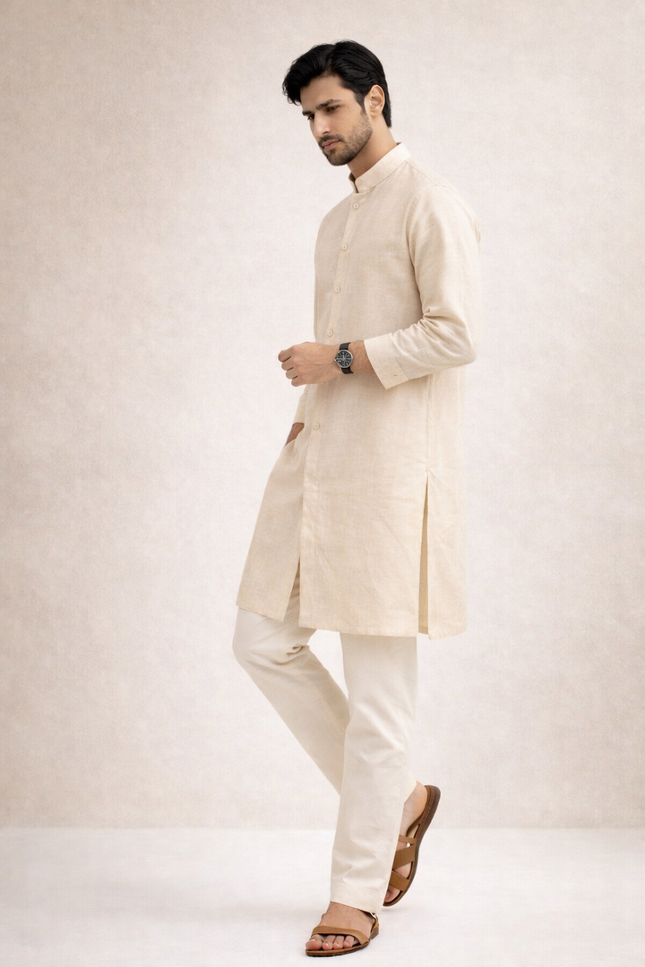 Men’s Beige Cotton Jacquard Kurta Set with Off White Katan Silk Pant