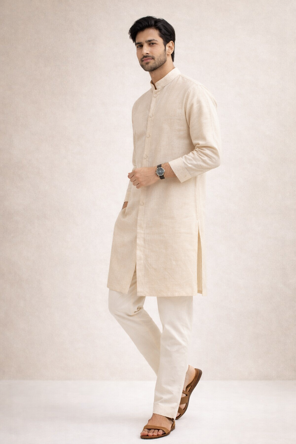 Men’s Beige Cotton Jacquard Kurta Set with Off White Katan Silk Pant