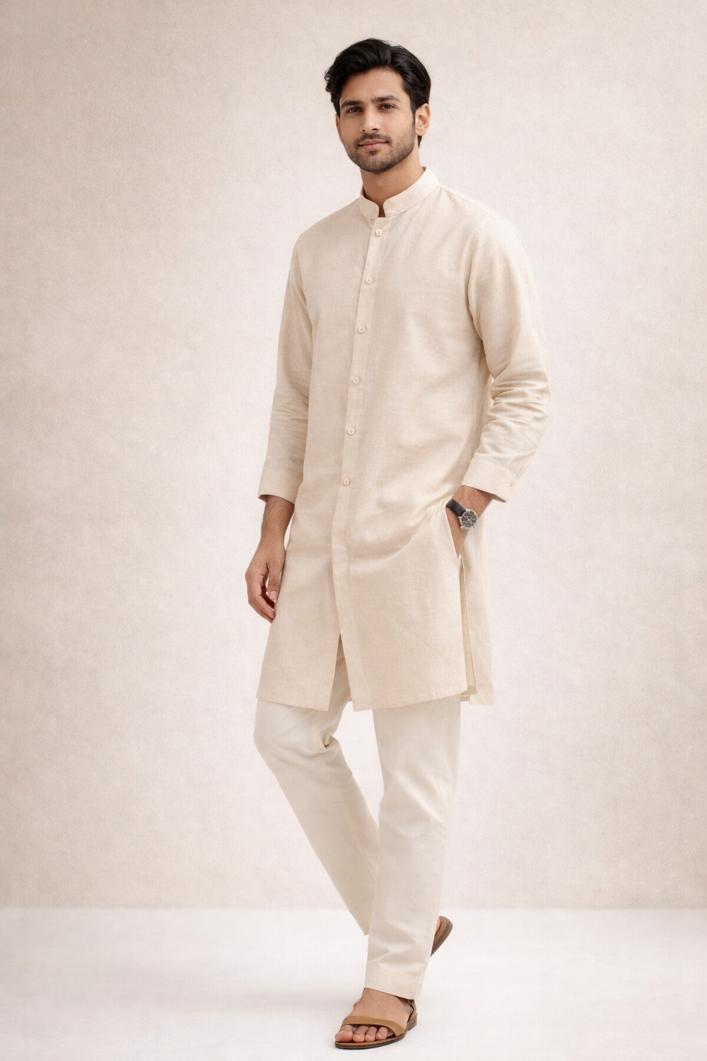 Men’s Beige Cotton Jacquard Kurta Set with Off White Katan Silk Pant
