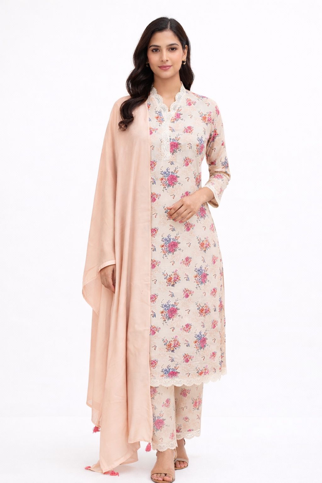 Peach Floral Printed Linen Kurti Set with Pant & Chanderi Dupatta