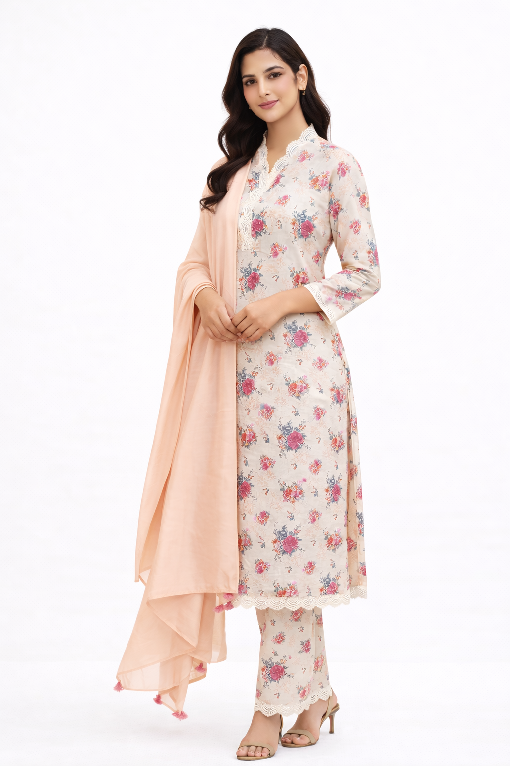Peach Floral Printed Linen Kurti Set with Pant & Chanderi Dupatta