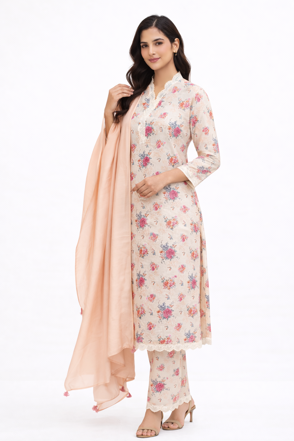 Peach Floral Printed Linen Kurti Set with Pant & Chanderi Dupatta