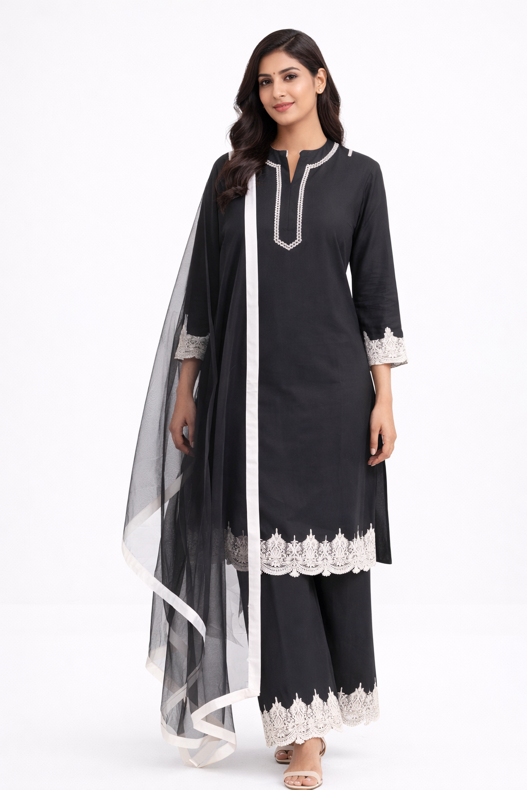 Black Katan Silk Kurti Set with Bell Bottom & Net Dupatta