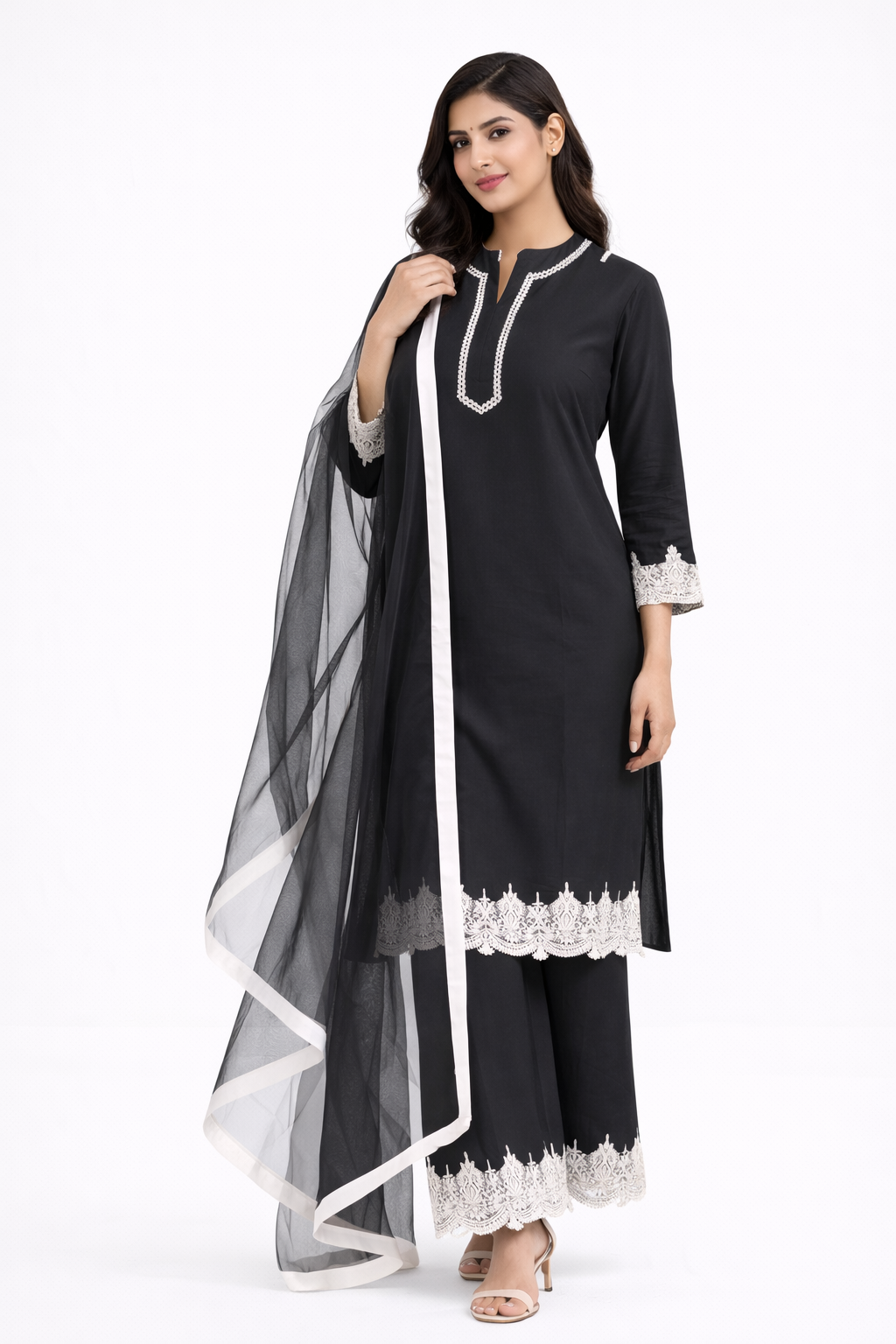 Black Katan Silk Kurti Set with Bell Bottom & Net Dupatta