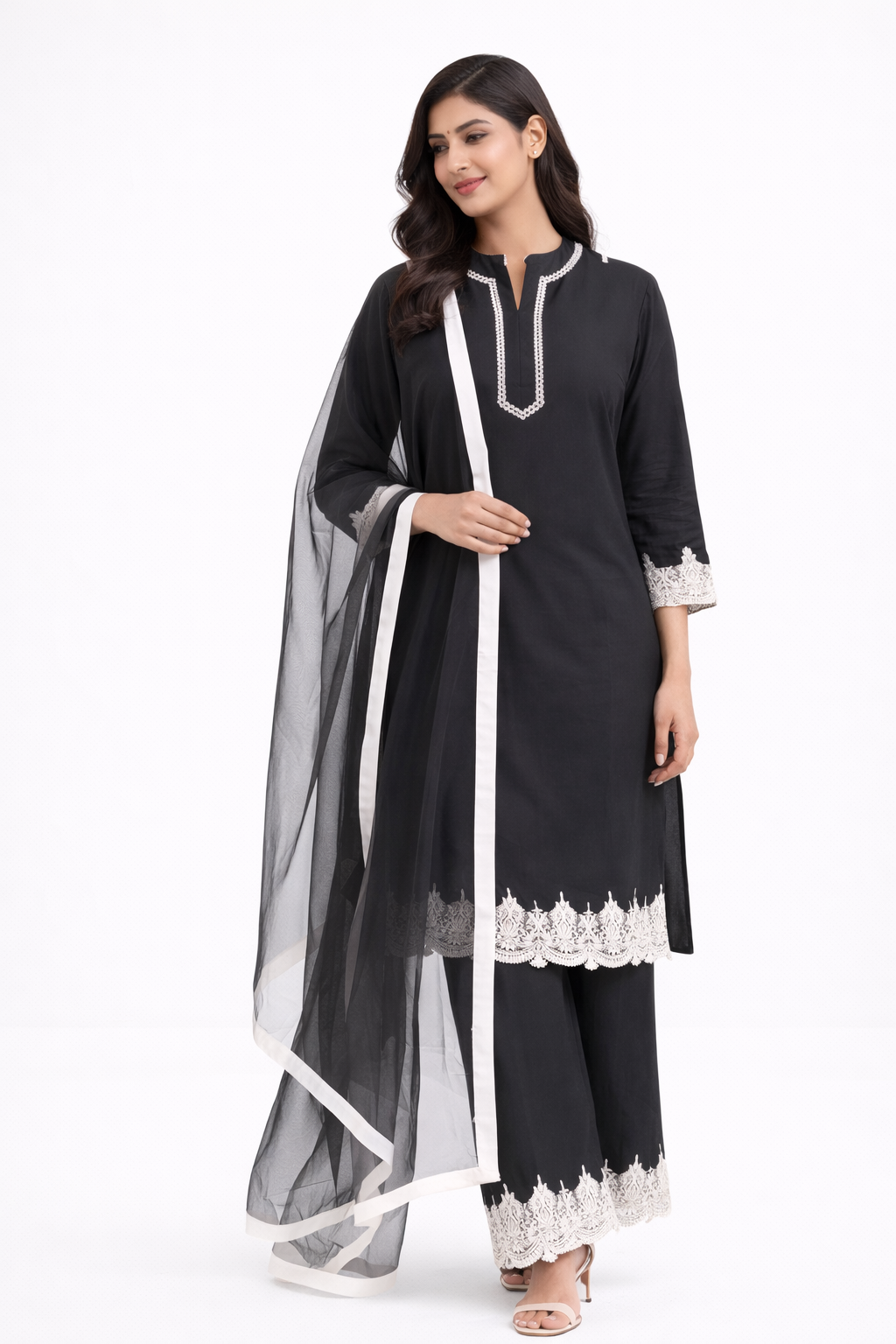 Black Katan Silk Kurti Set with Bell Bottom & Net Dupatta