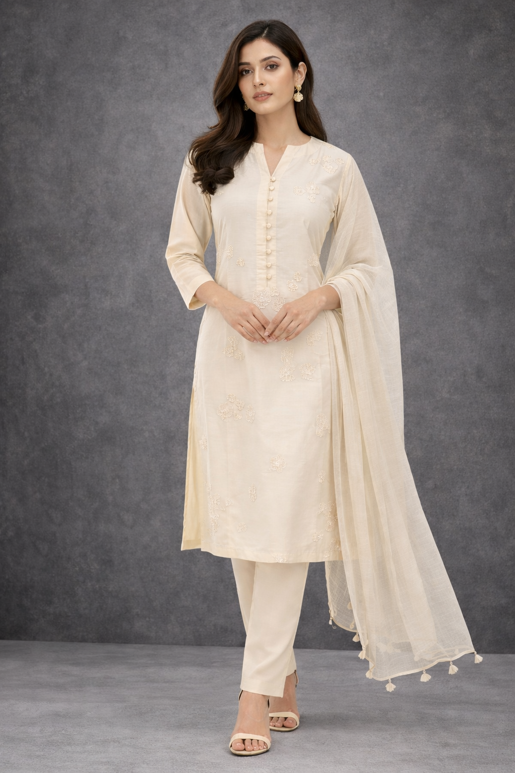 Bone Brown Katan Silk Kurti Set with Pant & Chanderi Dupatta