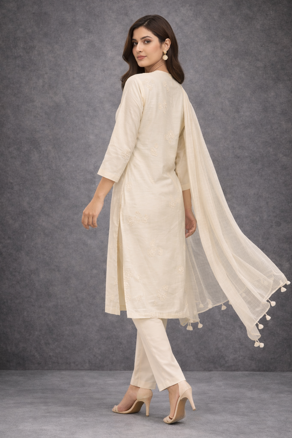 Bone Brown Katan Silk Kurti Set with Pant & Chanderi Dupatta