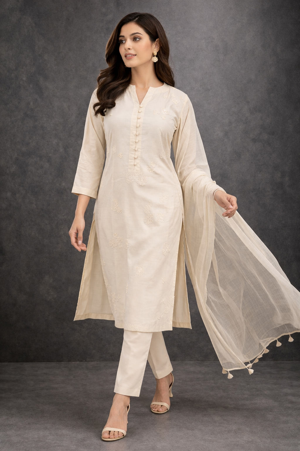 Bone Brown Katan Silk Kurti Set with Pant & Chanderi Dupatta
