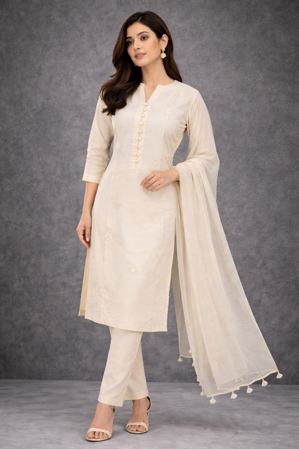Bone Brown Katan Silk Kurti Set with Pant & Chanderi Dupatta