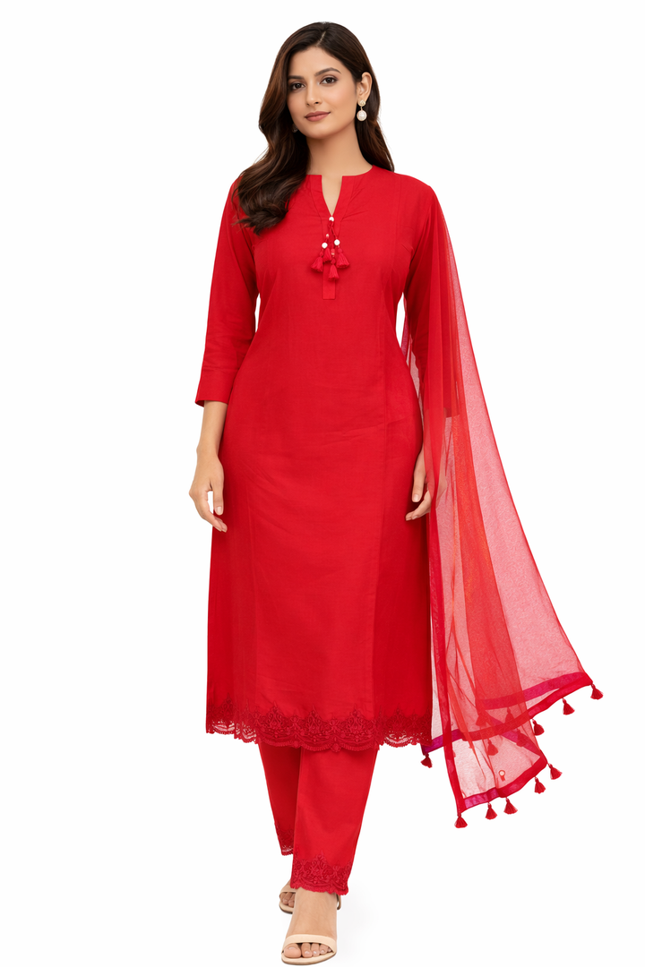 Blood Red Katan Silk Kurti Set with Pant & Net Dupatta