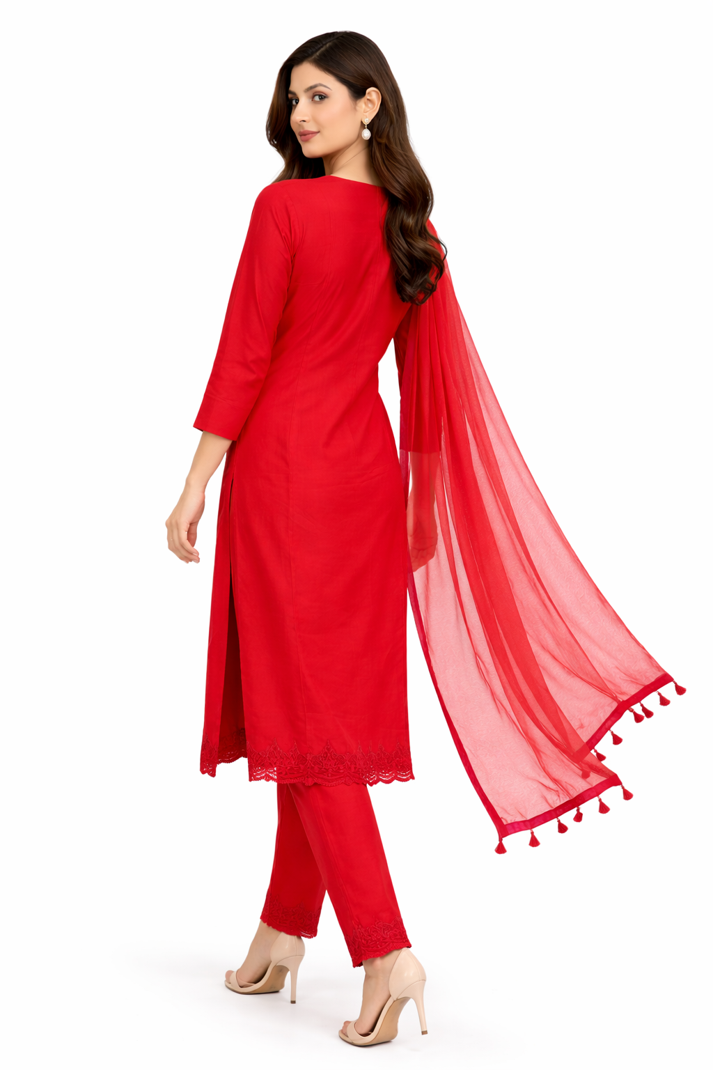 Blood Red Katan Silk Kurti Set with Pant & Net Dupatta