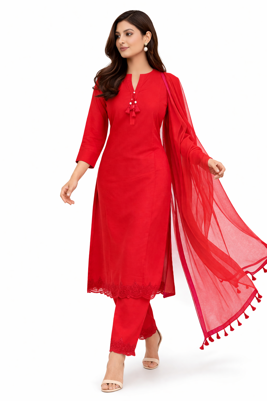 Blood Red Katan Silk Kurti Set with Pant & Net Dupatta