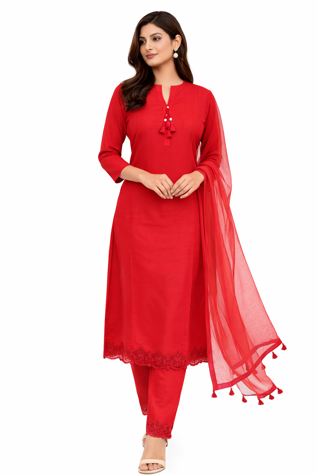 Blood Red Katan Silk Kurti Set with Pant & Net Dupatta
