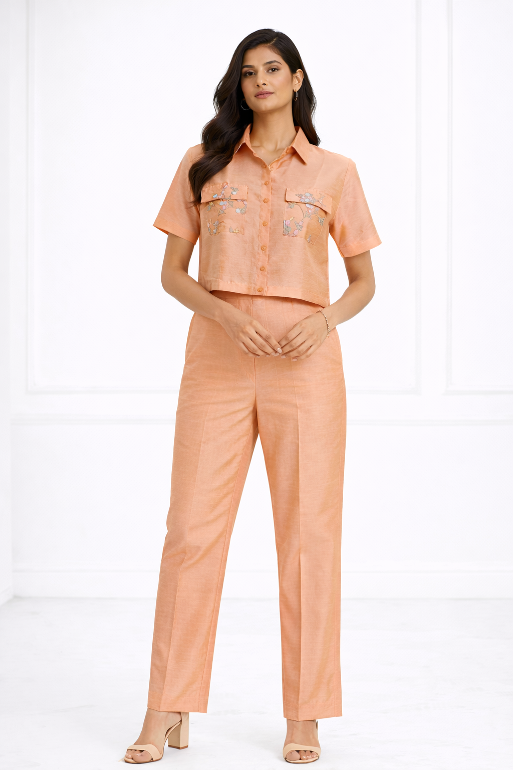 Peach Raw Silk Co-ord Set with Shirt Collar & Pant