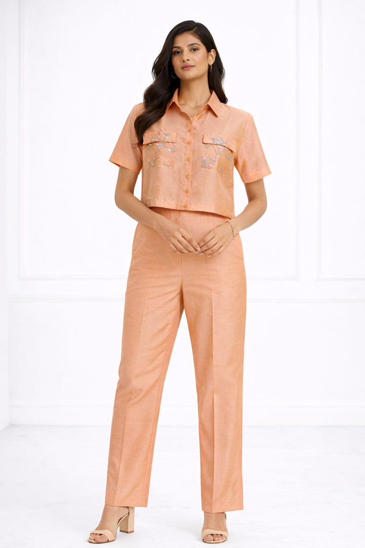 Peach Raw Silk Co-ord Set with Shirt Collar & Pant