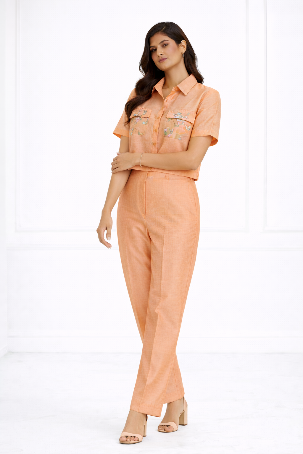 Peach Raw Silk Co-ord Set with Shirt Collar & Pant