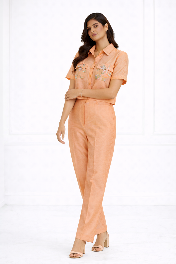 Peach Raw Silk Co-ord Set with Shirt Collar & Pant